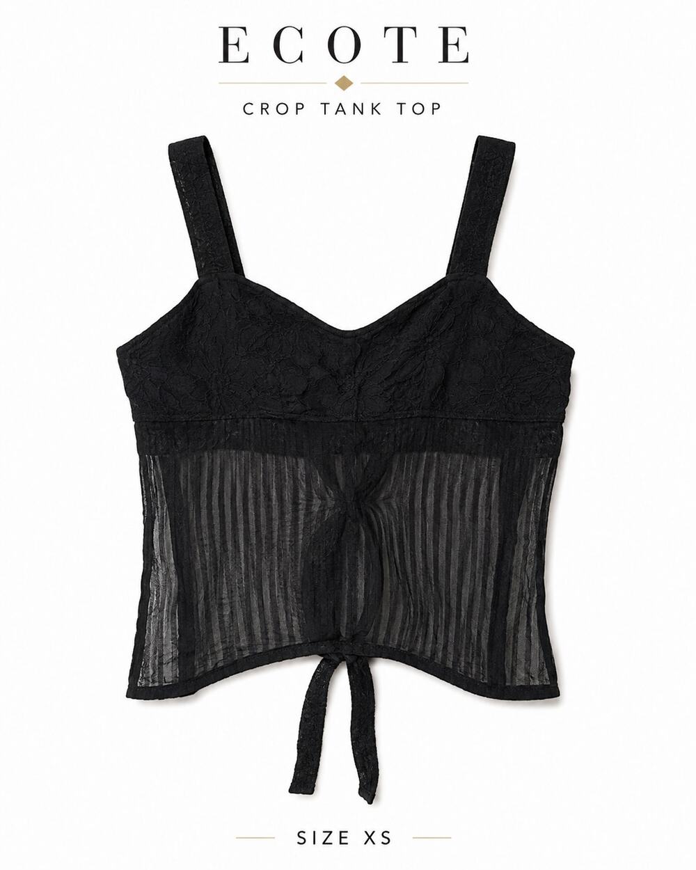 Ecote Black Semi Sheer Crop Tank Top XS Lace Tie Front Adjustable Strap Cami